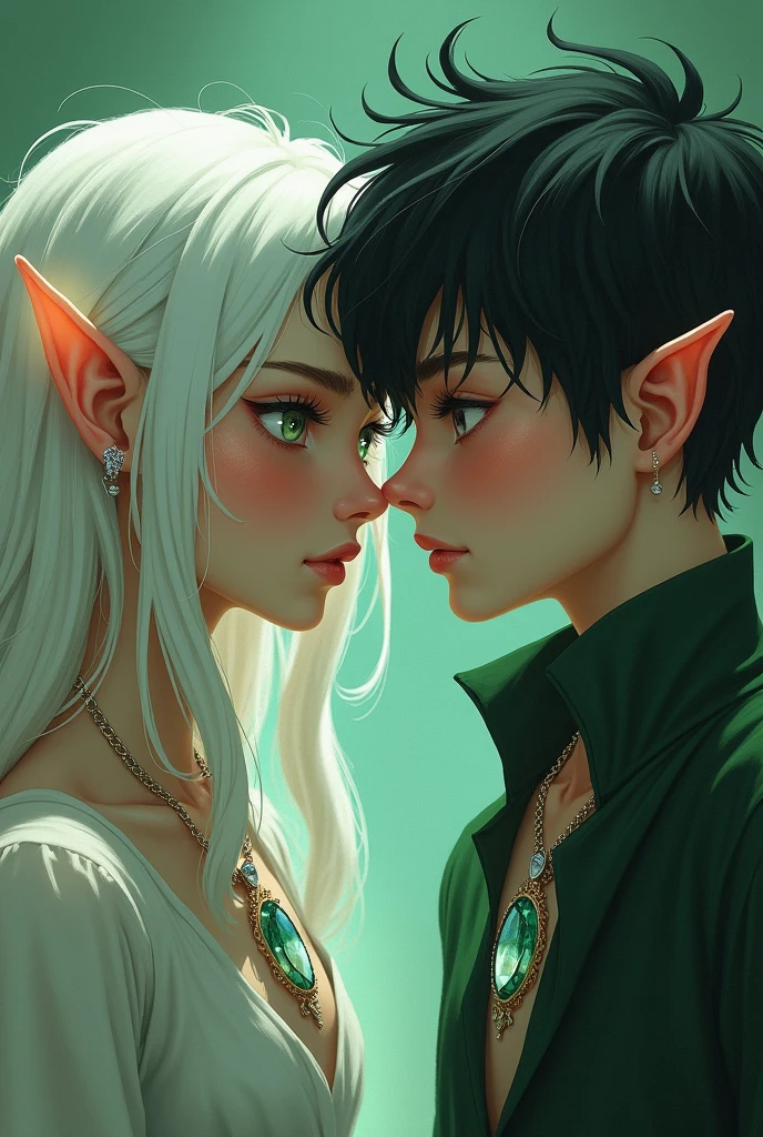 Imagine a girl with long white hair, with green eyes, elf ears and wearing a white crystal necklace, and next to him a boy as if they were in different dimensions, black hair and black eyes, neck length hair straight and spiky wearing a green crystal necklace, THEY ARE NOT A COUPLE