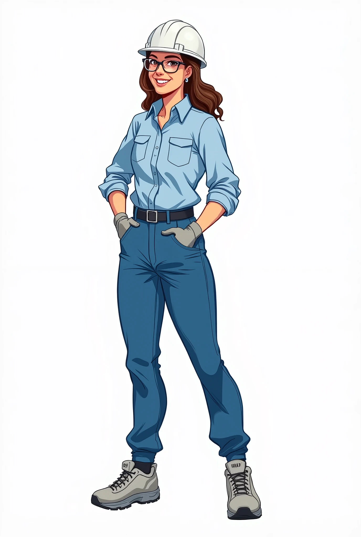 Drawing of a full body female security engineer with a light blue shirt and white helmet and gloves , blue jin pants and safety shoes, with glasses, welcoming, lively