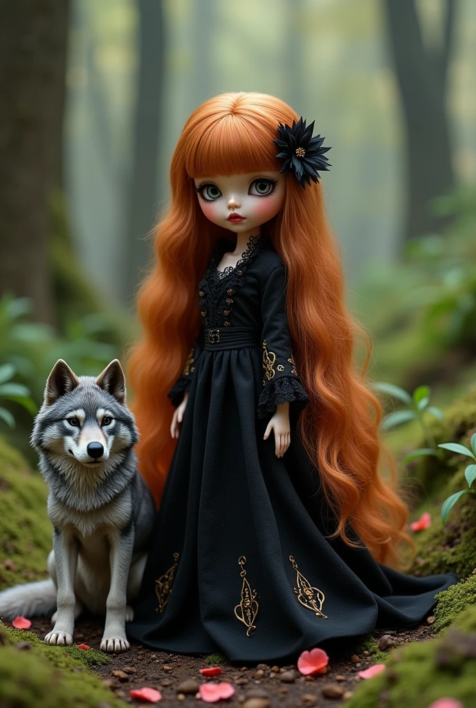 Blythe doll witch with long copper blonde hair and gray eyes, black dress in the middle of a forest with a gray wolf 