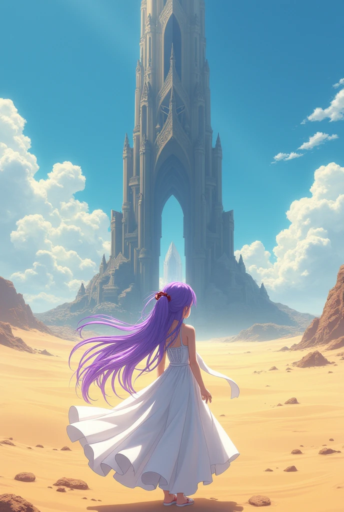 Girl with amethyst pigtails, with white dress and golden eyes in front of an infinite tower in the desert anime