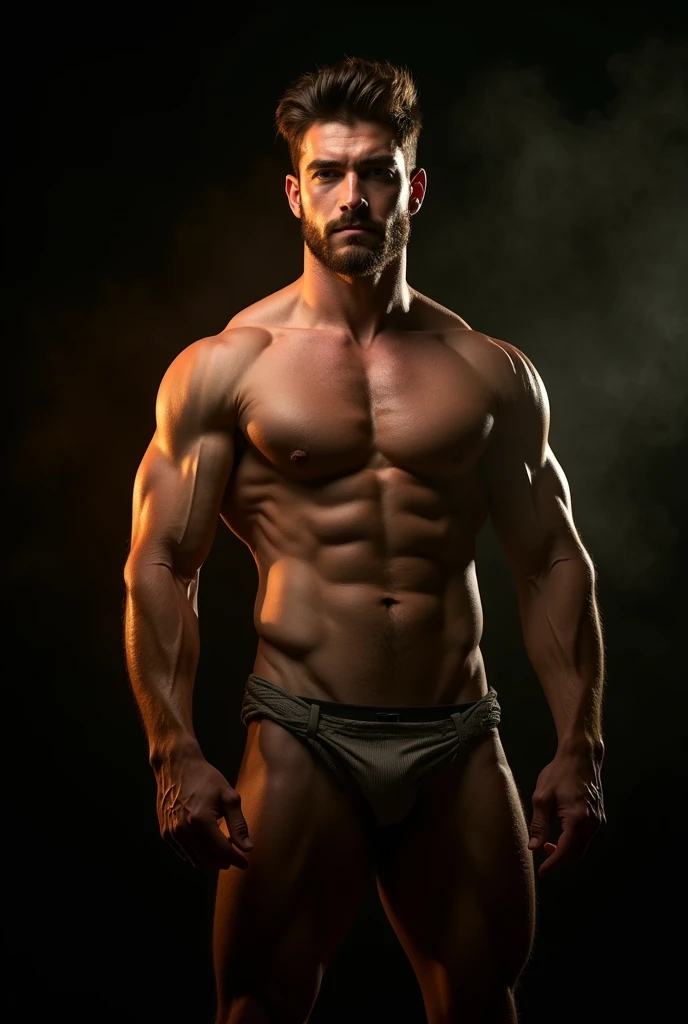 a nude muscular man, highly detailed, hyper realistic, chiaroscuro lighting, dramatic shadows, cinematic composition, warm color tones, 8k, photorealistic, (best quality,4k,8k,highres,masterpiece:1.2),ultra-detailed,(realistic,photorealistic,photo-realistic:1.37)