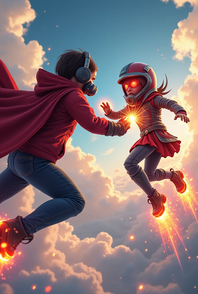 Young Star-lord with red hoodie, headphones, star-lord helmet, gas helmet, covered mouth, round red eyes, Red eyes, magic rings in the hands and rocket boots, Vs. Athena Asamiya , Fighting, power, fiction, full body, 2 person, magic lasso, flying in the sky, hight, fall, fire in boots, poweful spells, fighting, realistic, helmet, mask, red cape, confrontation, punch