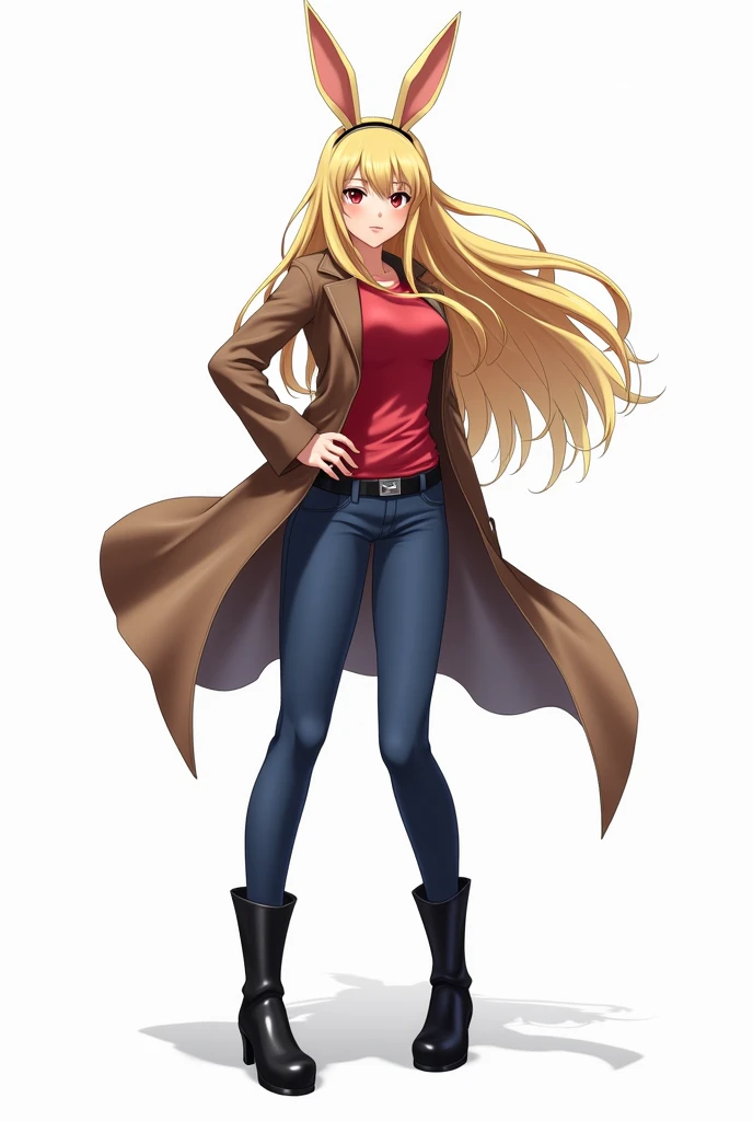 Real style brown and white bunny girl with long yellow hair and red t-shirt and brown coat and blue pants and black boots with epic pose on white background and sexy body 