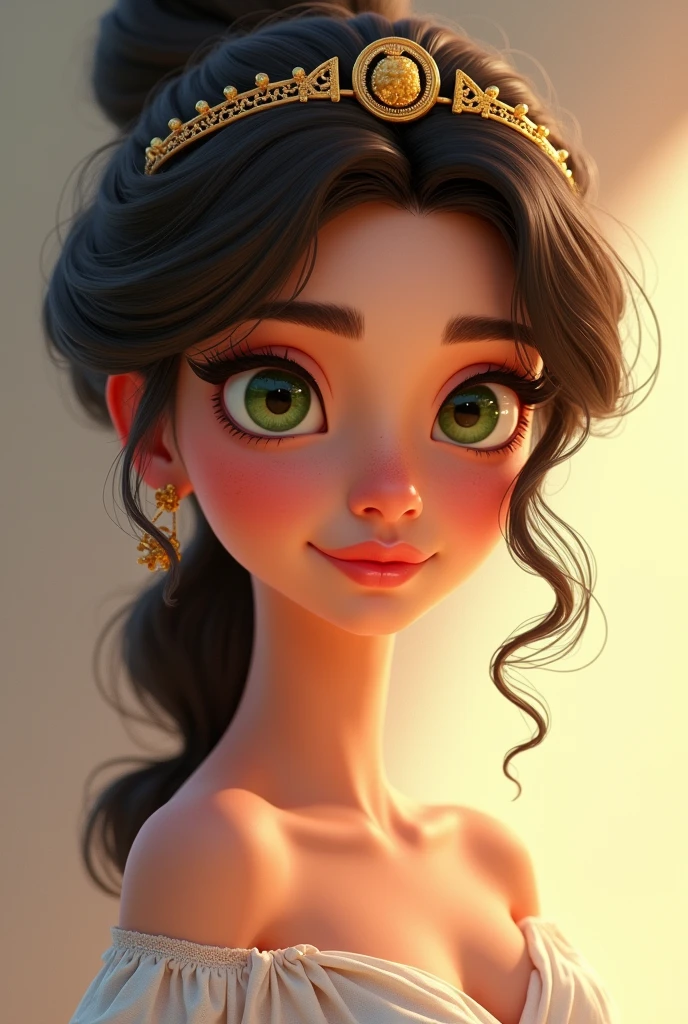 a woman from the neck up, with greek hairstyle, as the heart of ,light brown and medium cut. She is white and has green eyes.. She wears Greek clothes and has a Greek tiara.. Make the woman look like a Pixar animation
