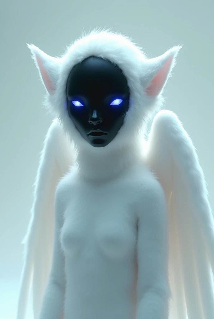futuristic ghost like creature, pitch black undetailed face,blue slit eyes, no mouth, white furr and wings, full body picture, the face is very undetailed, the creature looks a bit female, wide face