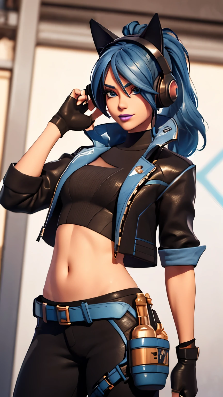 City background, 1girl, solo, HeroicHopeFN, Heroic Hope from fortnite, (crop top, black top, open clothes), (jacket crop top, black jacket, blue loose, jacket loose), fingerless gloves, black pants, blue belt, blue hair, ponytail, blue eyes, headphones, cat ears headphones, holster, holster spray cans, purple lips, lipsticks, smirk, upper body, body facing viewer, looking at viewer,