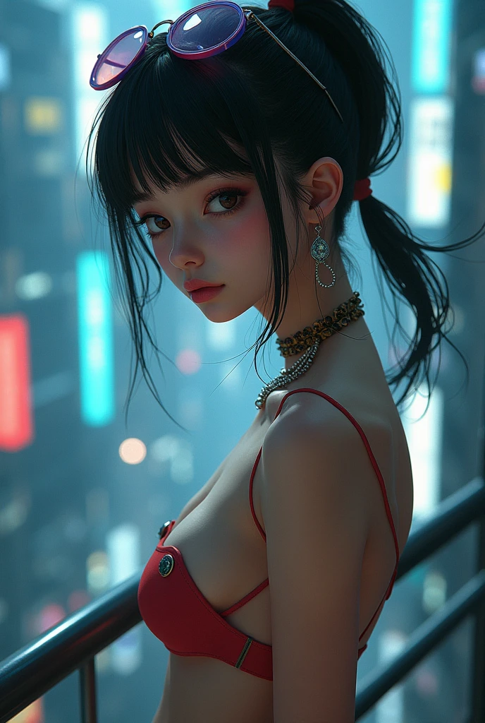 (work of art, best qualityer:1.2), 1 girl, standing alone, A close-up of a naked woman with glasses on her head, jewerly, posing on a railing., cyberpunk art inspired by Masamune Shirow, trend in artstation, Fantasyart, cyberpunk anime girl, female cyberpunk anime girl, ciberpunk digital: realistic anime artstyle, seductive anime girl, digital cyberpunk anime art, anime ciberpunk, cyberpunk oppai, cyberpunk anime art