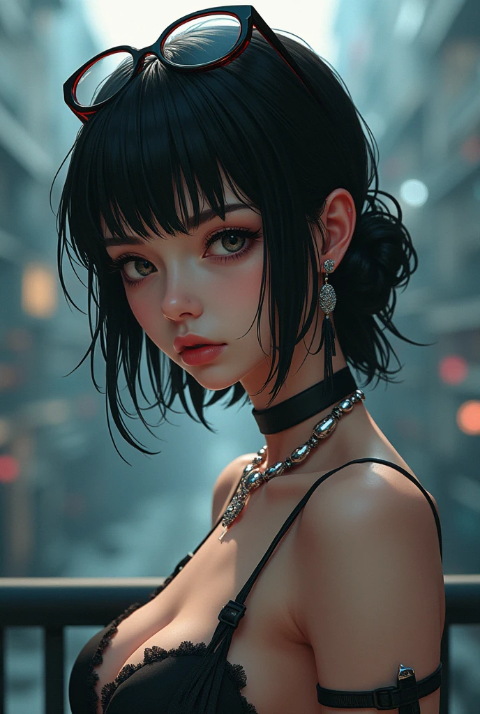 (work of art, best qualityer:1.2), 1 girl, standing alone, A close-up of a naked woman with glasses on her head, jewerly, posing on a railing., cyberpunk art inspired by Masamune Shirow, trend in artstation, Fantasyart, cyberpunk anime girl, female cyberpunk anime girl, ciberpunk digital: realistic anime artstyle, seductive anime girl, digital cyberpunk anime art, anime ciberpunk, cyberpunk oppai, cyberpunk anime art 