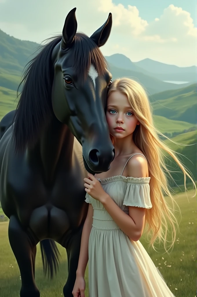 Blonde blue-eyed girl with a black horse
