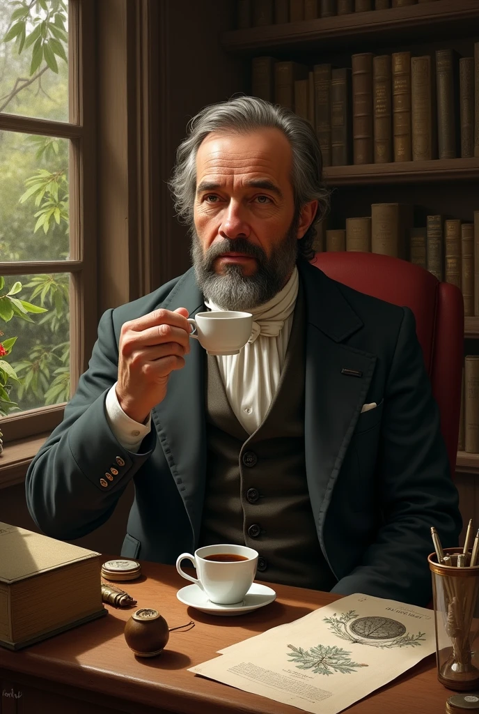 Create an image of Jose Celestino Mutis drinking Colombian coffee