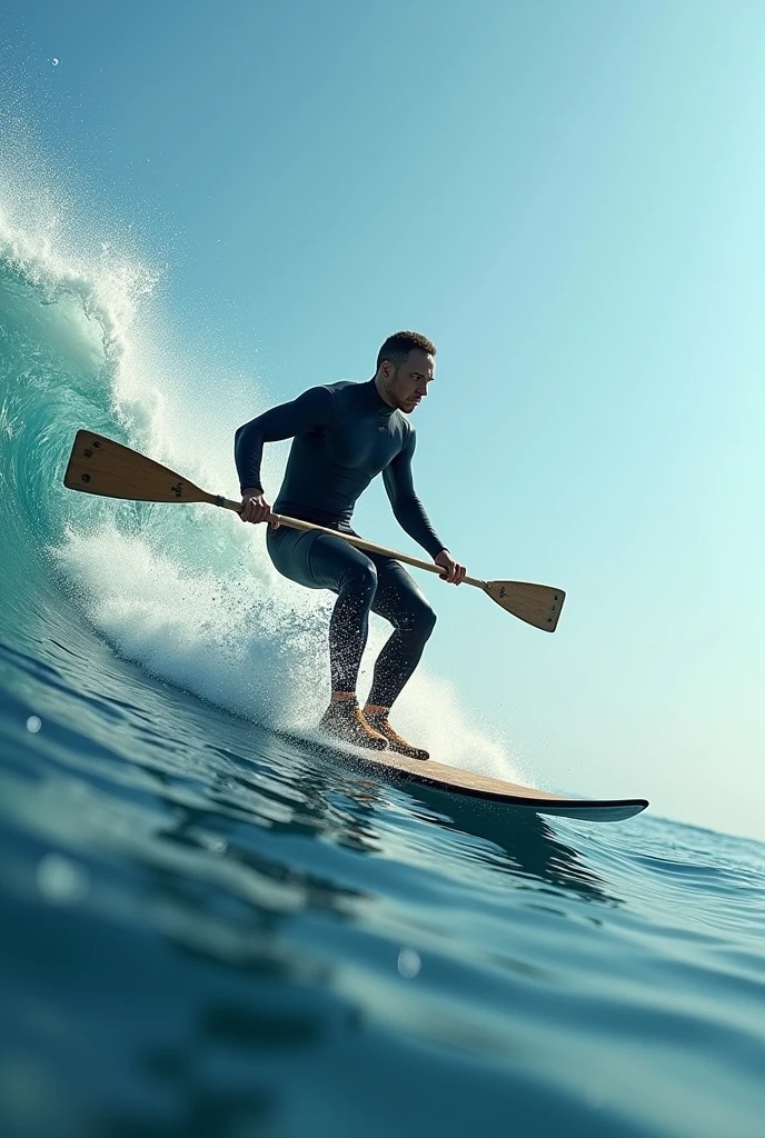 man skiing in the sea with oars on a wave 