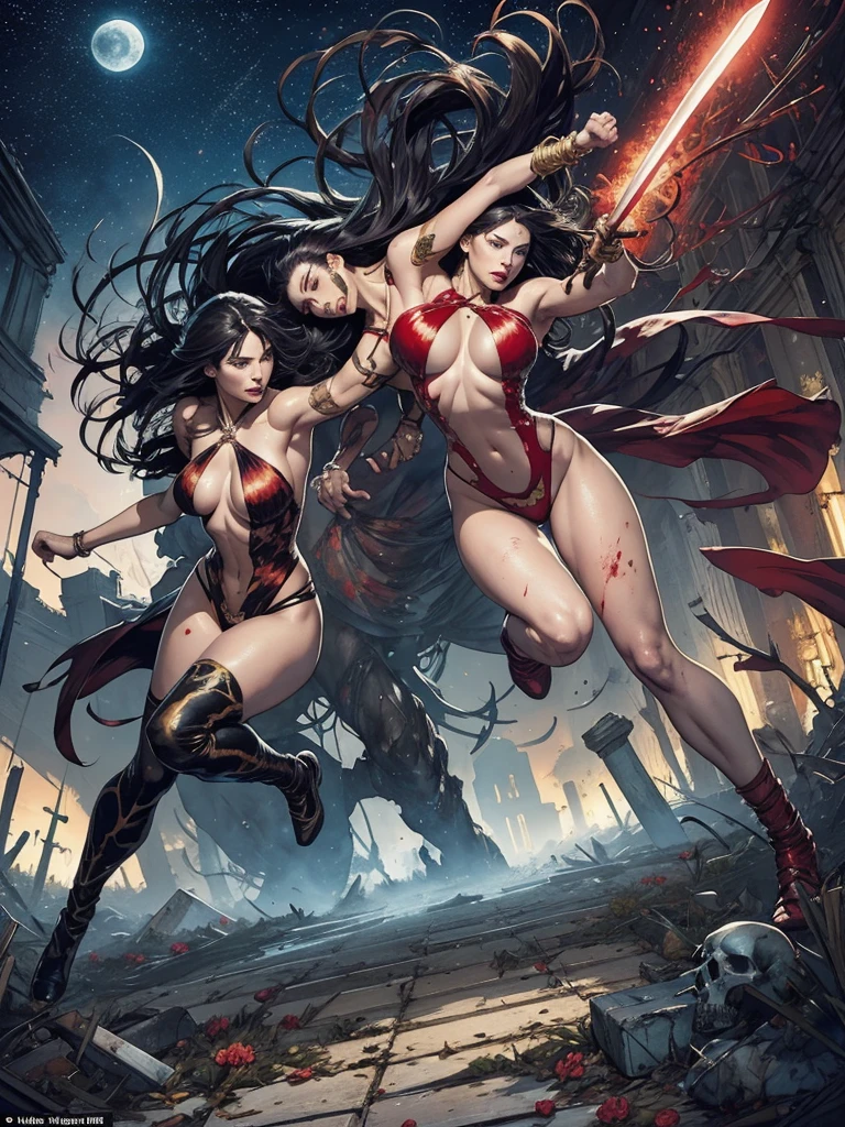 (nighttime scene), full boby, two girls, holding a sword, horror, haunted, dead body, skulls, sexy vampirella wearing a deep red swimsuit, blood splatters, night in the cemetery, crescent moon, full moon, fog, gargoyle, skulls on the ground, oily and shiny skin, Side view, athletic and fit body, Naughty, slutty, perfect hands, detailed hands, Perfect eyes, Detailed olos, provocative, sexy, posing, hands and arms at side, heart in hand, very muscular, ultra detailed, (beautiful and clear background:1.2),, fantastic paintings ,graffit style, flowers , a t-shirt or dressed in a white blouse underneath, with both fists in a fighting position, and bracelets, fighting against an enemy, with long black hair , stained glass colored, out, vibrant, alphonse mucha style, fantastic paintings by joe madureira ,high quality, art,kelly brook beautiful woman with long hair , freedom, soul, digital illustration, comic style, perfect anatomy, centered, approaching perfection, dynamic, highly detailed, watercolor painting, artstation, concept art, smooth, sharp focus, illustration, art by carne griffiths and wadim kashin,big breast,alone anime girl with a medium lenght pose and cute clothes, short pastel blonde hair , heterochromia, perfect anatomy, centered, approaching perfection, dynamic, highly detailed, character sheet, artstation, concept art, smooth, sharp focus, illustration, art by kim jung gi,, artgerm, carne griffiths and wadim kashin , sasha yakovleva, loish, jeremy mann, full body shot, character sheet, lightningwave, beautiful anime watercolor painting, Realistic, hdr, Ultra HD, Dynamic