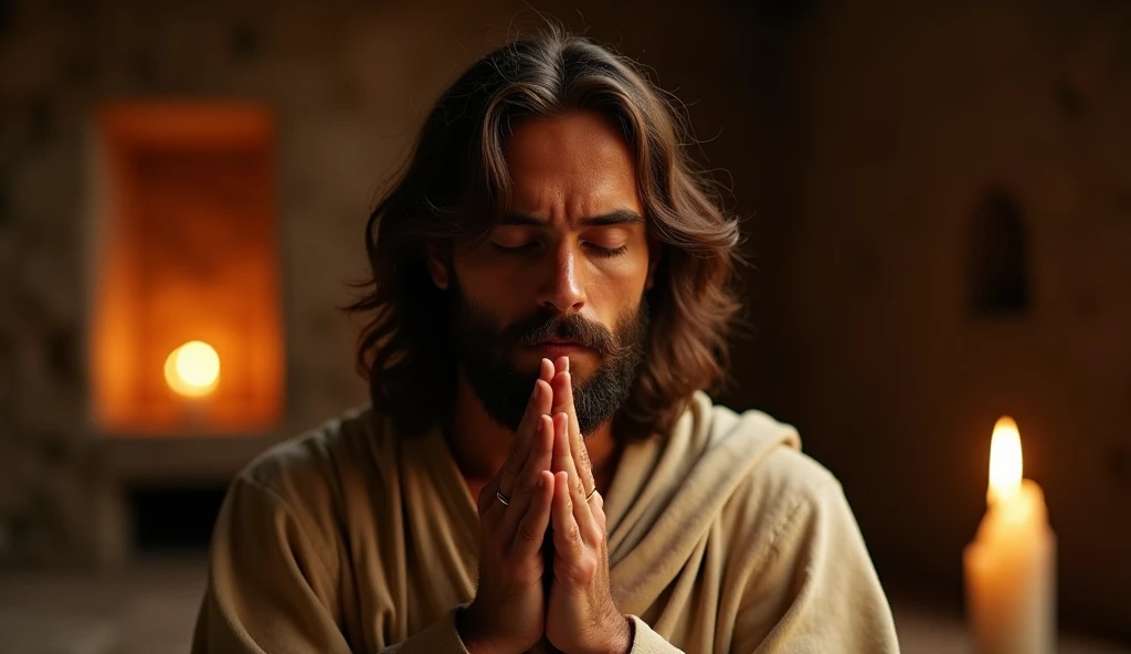 /imagine prompt: Jesus in quiet contemplation, eyes closed in prayer, peace, connection, spirituality, simple candlelit room with rough-hewn furniture, mood of intimate spiritual moment, lifelike detail on hands clasped in prayer and beard texture, soft, warm candlelight illumination, rich shadows with golden highlights, Fujifilm GFX 100S medium format for incredible detail, 110mm portrait lens, close-up focus on face and hands, --ar 1:1 --v 6 --chaos 35 --stylize 250 --weird 350 --quality 1 --style raw