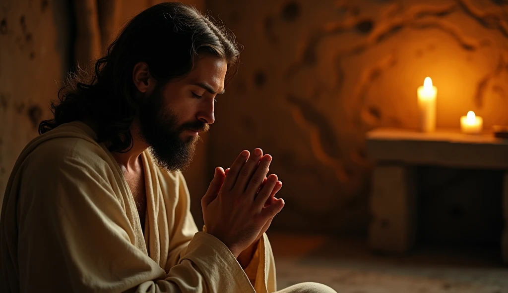 /imagine prompt: Jesus in quiet contemplation, eyes closed in prayer, peace, connection, spirituality, simple candlelit room with rough-hewn furniture, mood of intimate spiritual moment, lifelike detail on hands clasped in prayer and beard texture, soft, warm candlelight illumination, rich shadows with golden highlights, Fujifilm GFX 100S medium format for incredible detail, 110mm portrait lens, close-up focus on face and hands, --ar 1:1 --v 6 --chaos 35 --stylize 250 --weird 350 --quality 1 --style raw
