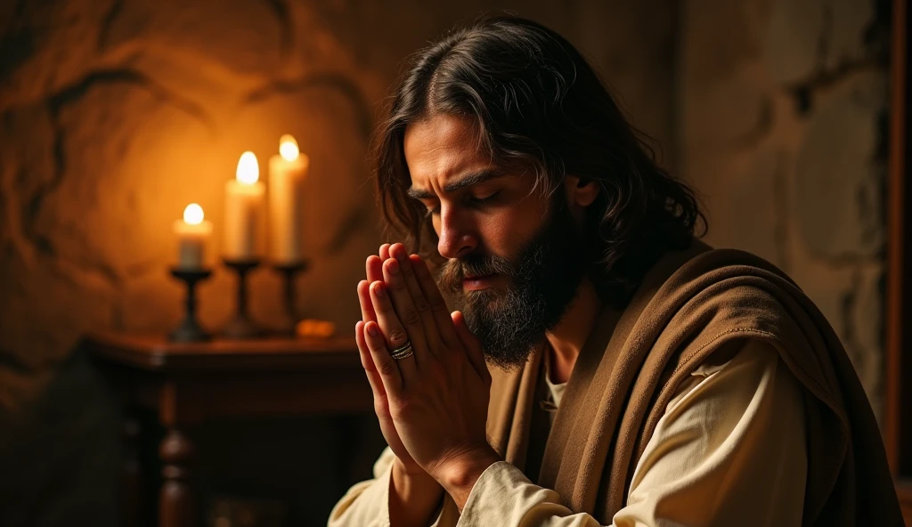 /imagine prompt: Jesus in quiet contemplation, eyes closed in prayer, peace, connection, spirituality, simple candlelit room with rough-hewn furniture, mood of intimate spiritual moment, lifelike detail on hands clasped in prayer and beard texture, soft, warm candlelight illumination, rich shadows with golden highlights, Fujifilm GFX 100S medium format for incredible detail, 110mm portrait lens, close-up focus on face and hands, --ar 1:1 --v 6 --chaos 35 --stylize 250 --weird 350 --quality 1 --style raw
