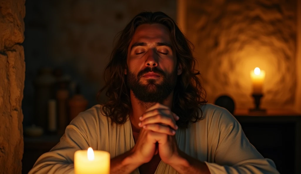 /imagine prompt: Jesus in quiet contemplation, eyes closed in prayer, peace, connection, spirituality, simple candlelit room with rough-hewn furniture, mood of intimate spiritual moment, lifelike detail on hands clasped in prayer and beard texture, soft, warm candlelight illumination, rich shadows with golden highlights, Fujifilm GFX 100S medium format for incredible detail, 110mm portrait lens, close-up focus on face and hands, --ar 1:1 --v 6 --chaos 35 --stylize 250 --weird 350 --quality 1 --style raw