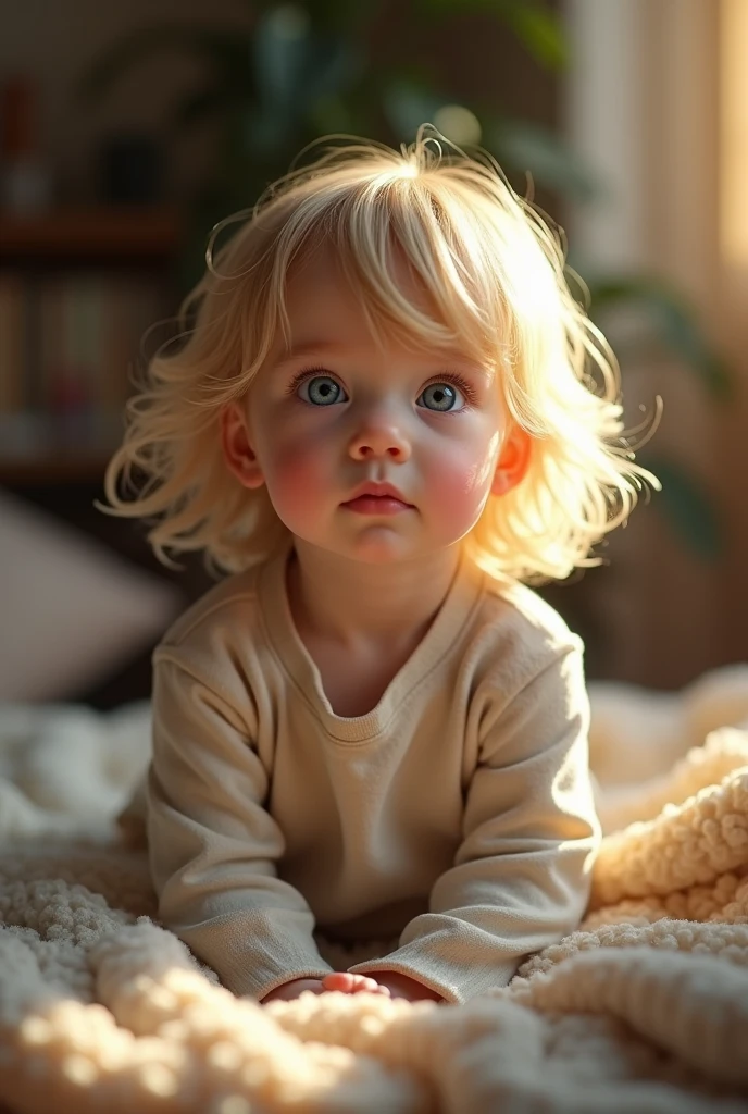 (Photorealism:1.2), an blonde child with blue eyes sitting in the living room 8k ultra realistic photorealistic super detailed