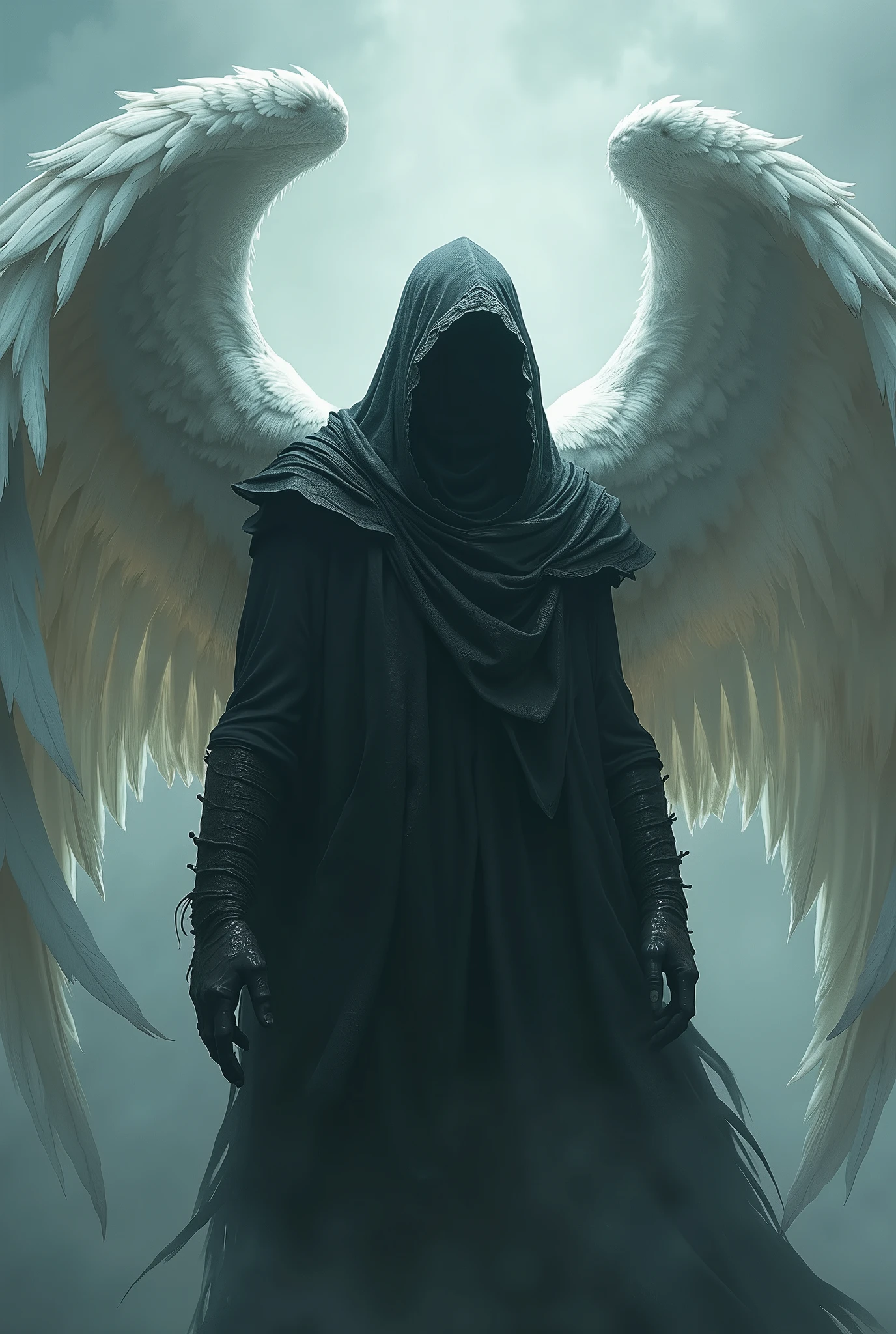 A high fantasy horror portrait of a shadowy, hooded celestial being, huge white spectral wings coming out of his back. white marmore