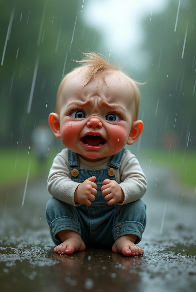The baby is crying because he wants to go to the park because it's raining heavily