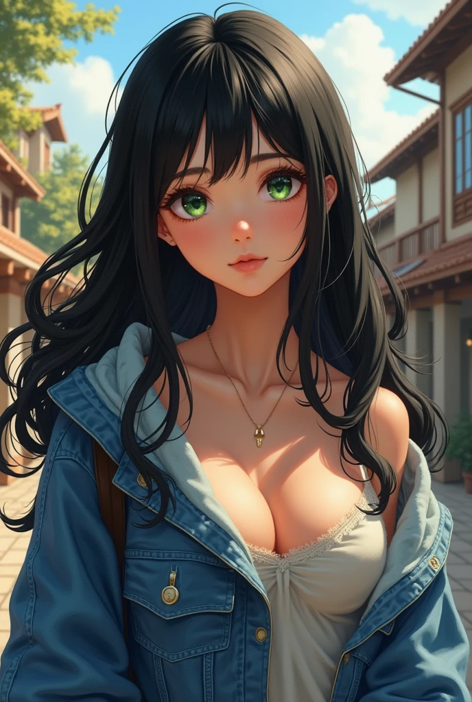 A young girl of about with long black hair and green eyes and a deig jacket and huge breasts with innocent eyes, with an academy background