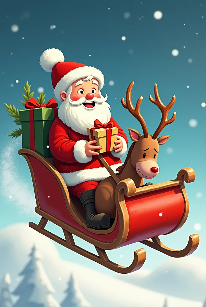 Happy boy wearing Christmas clothes holding a gift riding a flying Santa Claus sleigh with a reindeer and next to him is a funny Santa Claus driving the sleigh smiling in a sarcastic way and drawn with calligraphy and cartoon art simple drawing