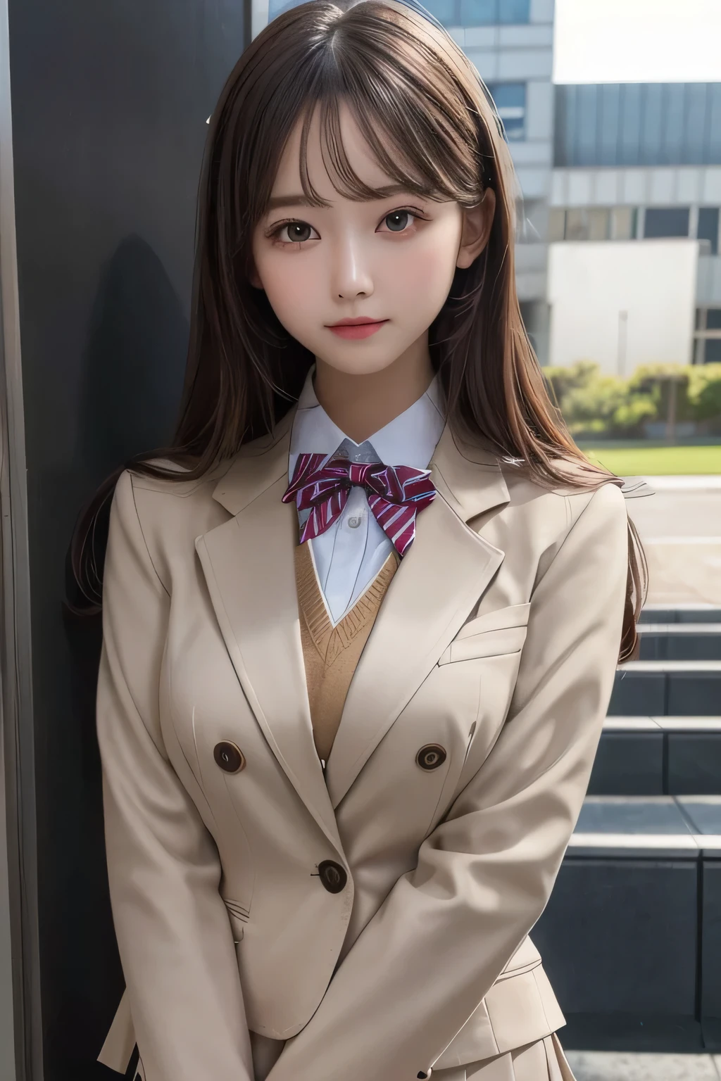 One Girl, 1 person,Highest quality,High resolution,超High resolution,8k,Realistic,Upper Body,encounter_audience,Large Breasts, the body is slim,(blazer School uniform:1.2),