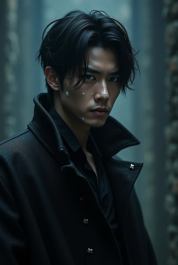 Male, black hair, white moles, blue eyes, asian, dark energy