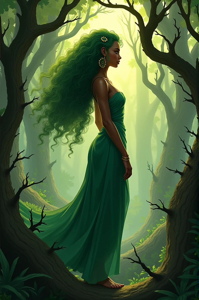 Une sadida (personnage du jeu vidéo Dofus) femelle à la peau noire et les cheveux verts. Autour d'elle, plein de ronces.