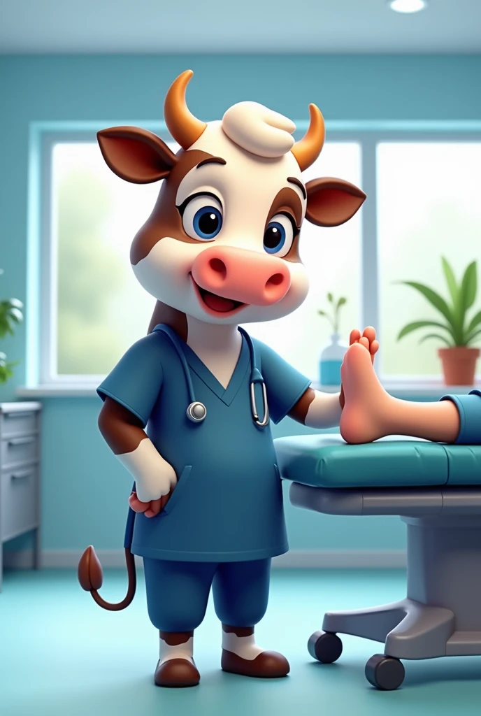 Design of an animated cow who is a physiotherapist, without dust cover and navy blue clothing
