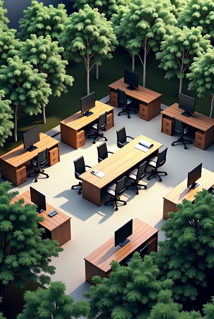 I need an office with an isometric plan.
15 individual wooden tables with dark varnish and a large table at the beginning of the image.
With the tables I also need 15 black chairs.
And with the tables I also need 15 gray computers.
I need an office with lots of trees.
And no people in the picture