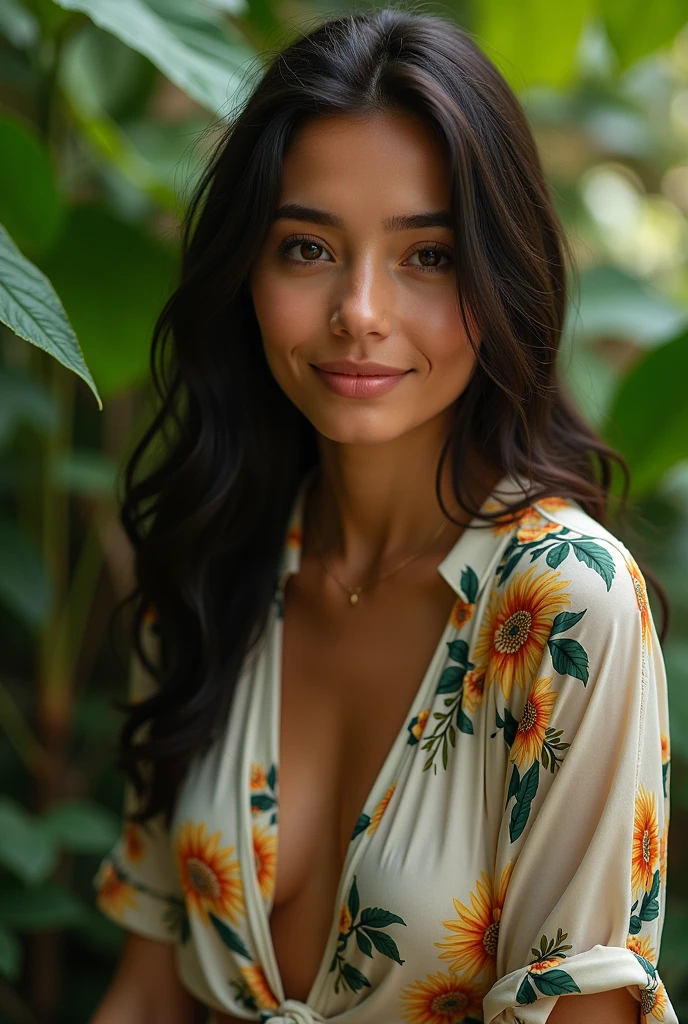 A Brazilian woman in a lush tropical garden, wearing an open shirt with a floral print, with a close-up capturing the harmonious beauty between her breasts and the natural flowers, showing off your natural charm and outgoing personality.