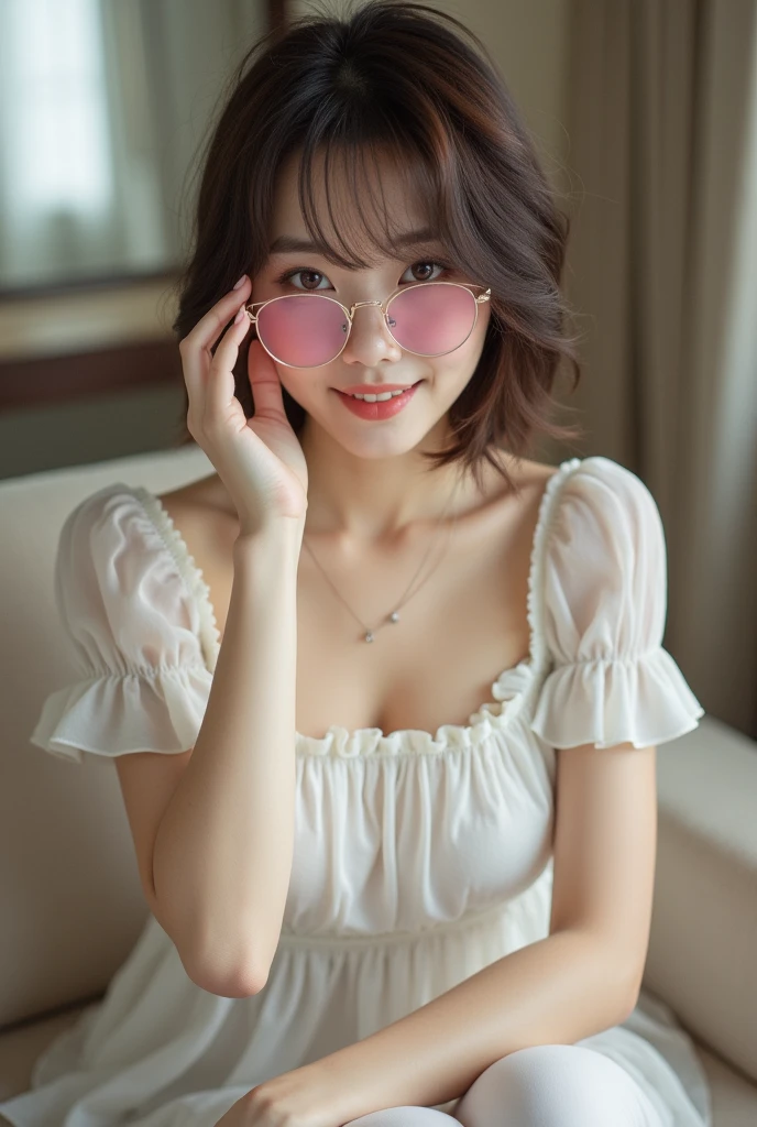 photo Realistic:1.2, 最high quality, 最high quality, Ultra-high resolution, RAW Photos, Realistic, Bright lighting, Face Light, Smooth Professional Lighting, Looking into the camera, (Perfect body structure):2.0, Adult female, ((Japanese,)) (((Beautiful woman))), (((Super Beauty))), Realistic skin, Moisturized Skin, (Realistic eyes and faces):1.5, Perfect model body shape, Beautiful Eyes, Big eyes, Inconspicuous tear bags, slim, Big Breasts:1.5, very good, No makeup, Beautiful fingers, Very short hair, Brown Hair, Brown eyes, (Looks happy), (Both ears are covered by hair), Cowboy Shot), (Glasses with pink frames), (((Biomechanical))), (((White Dress, Frills, race))), Sitting with Raise your knees on sofa:1.8, Raise your knees:1.5, Spread your legs:1.9, masterpiece, masterpiece, Anatomically correct, Attention to detail, high quality, Browsing Caution:1.9, (((One person, ?????))). (((Woman has rough ??? with boy))), (((Women are reaching their peak)))