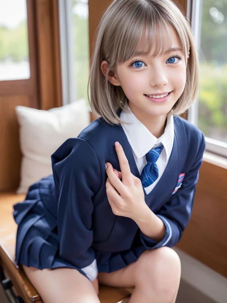 Browsing Caution,Photorealistic One Girl,Very detailedかわいい顔,Short Hair,Natural platinum silver hair,Bright big blue eyes,Droopy eyes,smile,Nordic beauty,high quality,最high quality,8k,Ultra-realistic,Very detailed,High resolution,High resolution修正,Masterpiece,(School uniforms:1.5),(?????????????:1.5)