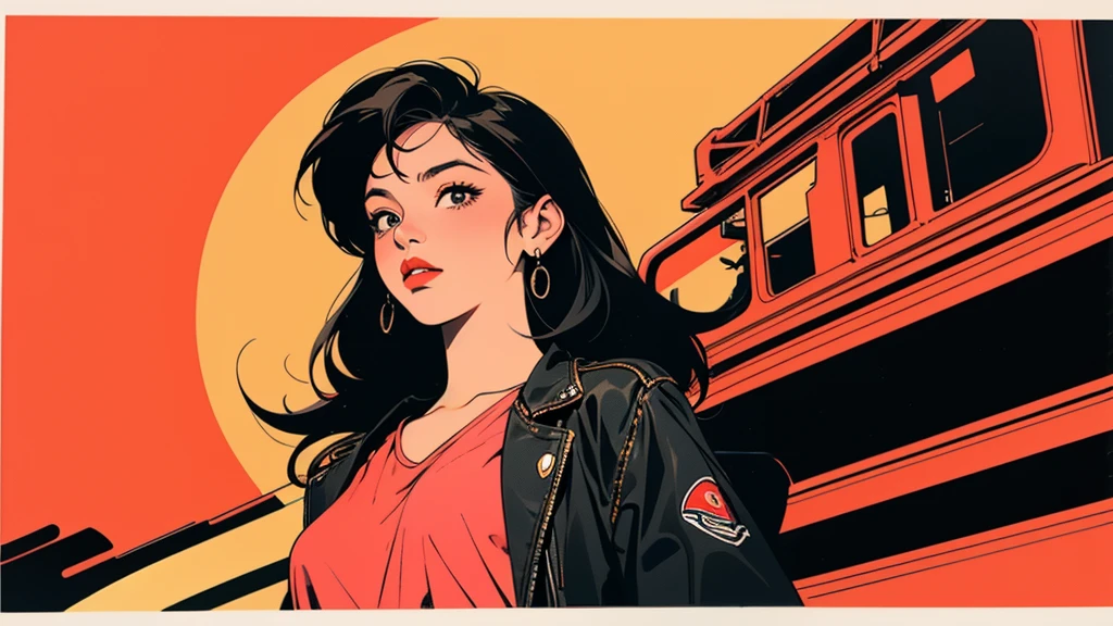 retro girl, Miami, sunset, Ferrari, 90s, (Flat color, flat texture, line art:1.2), graphic design, (Heavy ink, ink black),