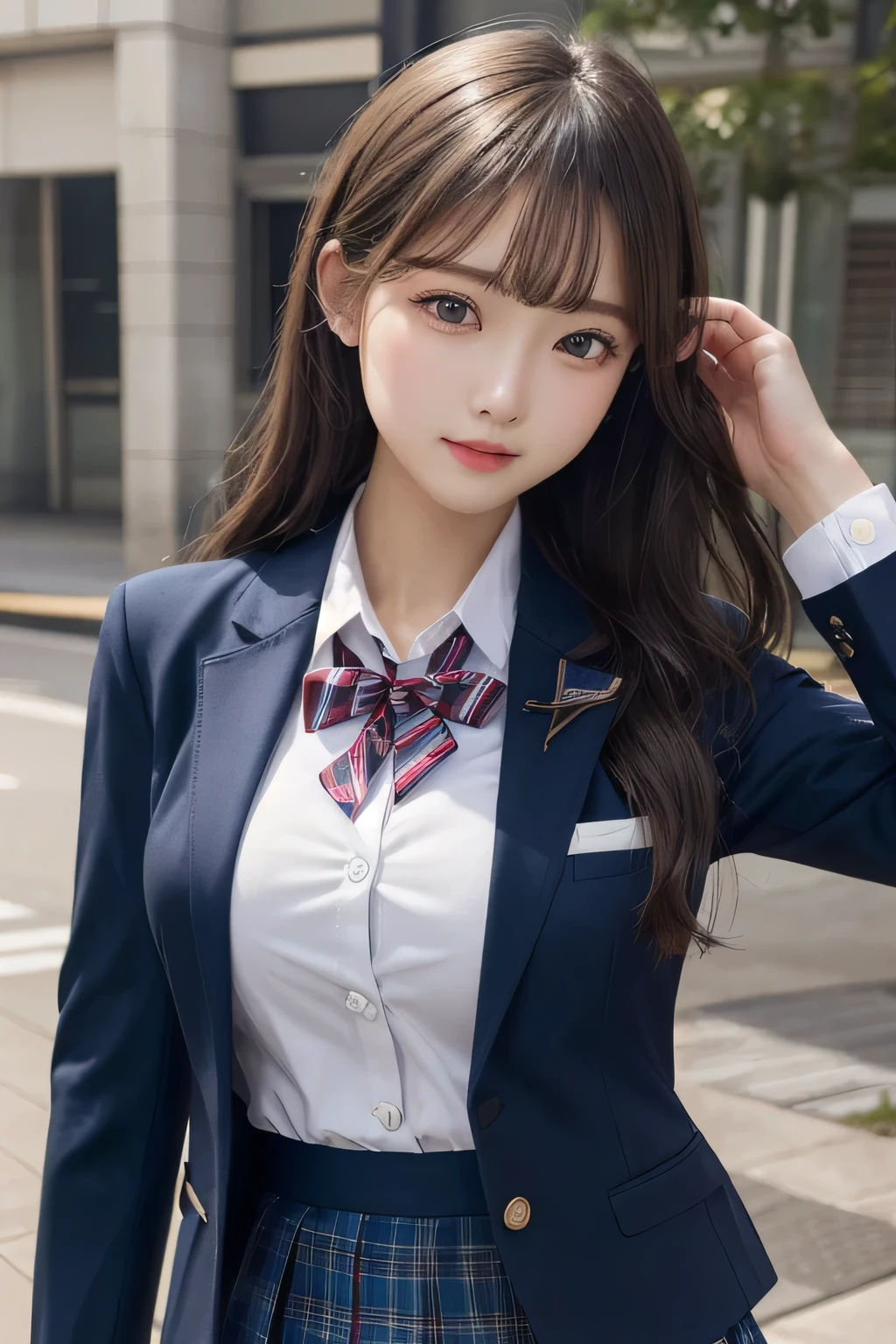 One Girl, 1 person,Highest quality,High resolution,超High resolution,8k,Realistic,Upper Body,encounter_audience,Large Breasts, the body is slim,(blazer School uniform:1.2),