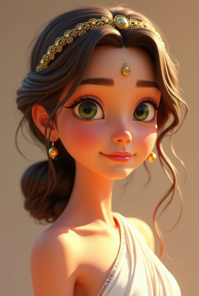 a woman from the neck up, with greek hairstyle, as the heart of ,light brown and medium cut. She is white and has green eyes.. She wears Greek clothes and has a Greek tiara.. Make the woman look like a Pixar animation. with average neck length