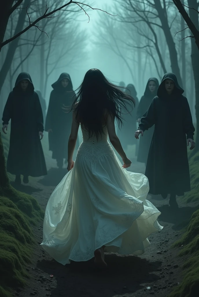 Black-haired woman in a long white wedding dress being chased by men in black hoods through the forest at night. Storm, poor lighting, panic, terror, fear 