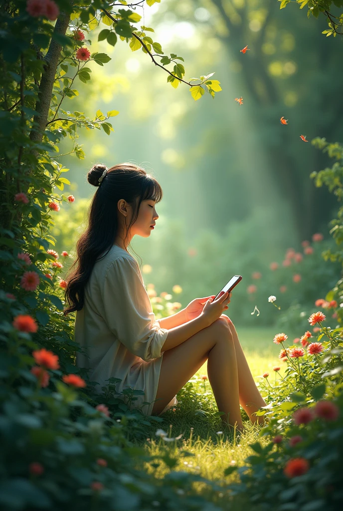 A person listening to music with a garden in the background