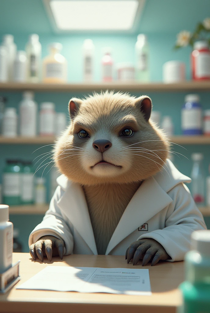 Marmot, unhappy, working in a pharmacy, by rubio
