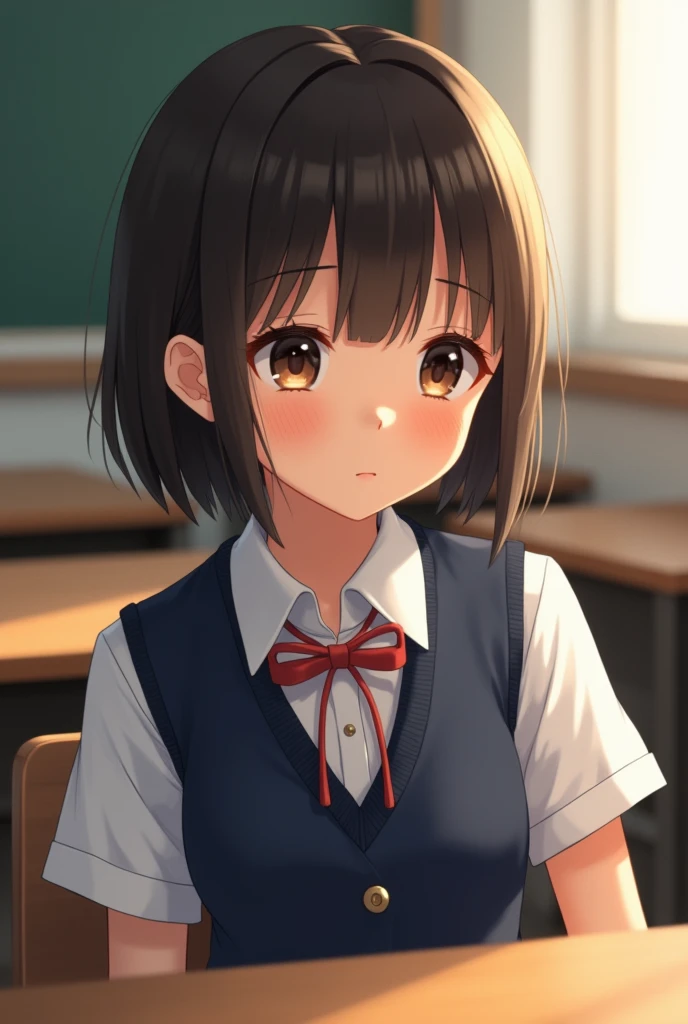 best quality, face focus, soft light, ultra high res, (photorealistic:1.4), RAW photo, 1japanese girl, solo, cute, (shy smile:0.5), (brown eyes, lights in the eyes), detailed beautiful face, (small chest),(high resolution detail of human skin texture), (short bob hair), BREAK, in classroom,navy school uniform, vest, skirt