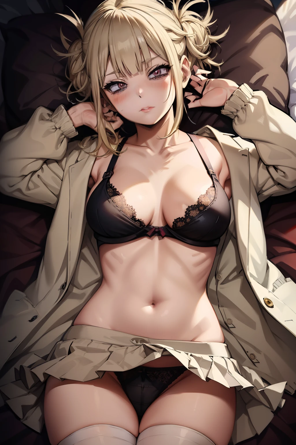 Himiko toga  , 1girl , anime , masterpiece  ,blonde hair, jaqueta aberta open clothes ,medium  breasts  ,bra,  pantie  , lace stockings , angry face ,blush , blood 