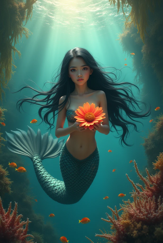 mermaid, black hair, swimming in the seas with a big flower in her hands, looking at the camera