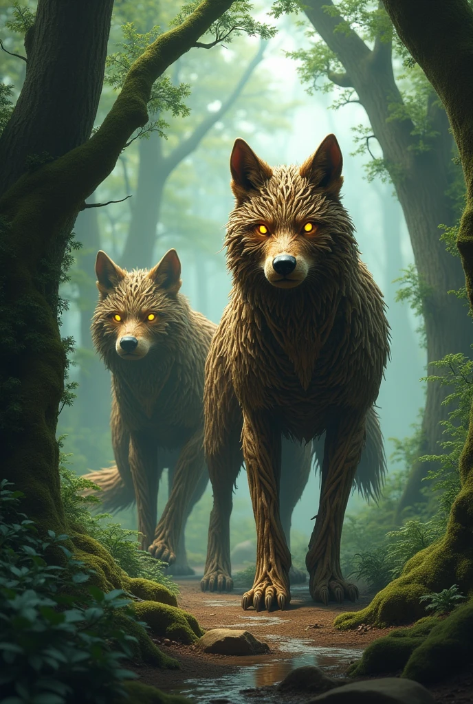 like the Everfree Forest. The wolves are crafted from intertwined logs and branches, showcasing a rustic and natural style. They have bright eyes that convey seriousness and determination, giving the impression of being guardians of the forest. The background should feature tall, lush trees with shadows that add an air of mystery. The scene should capture the magical and slightly unsett