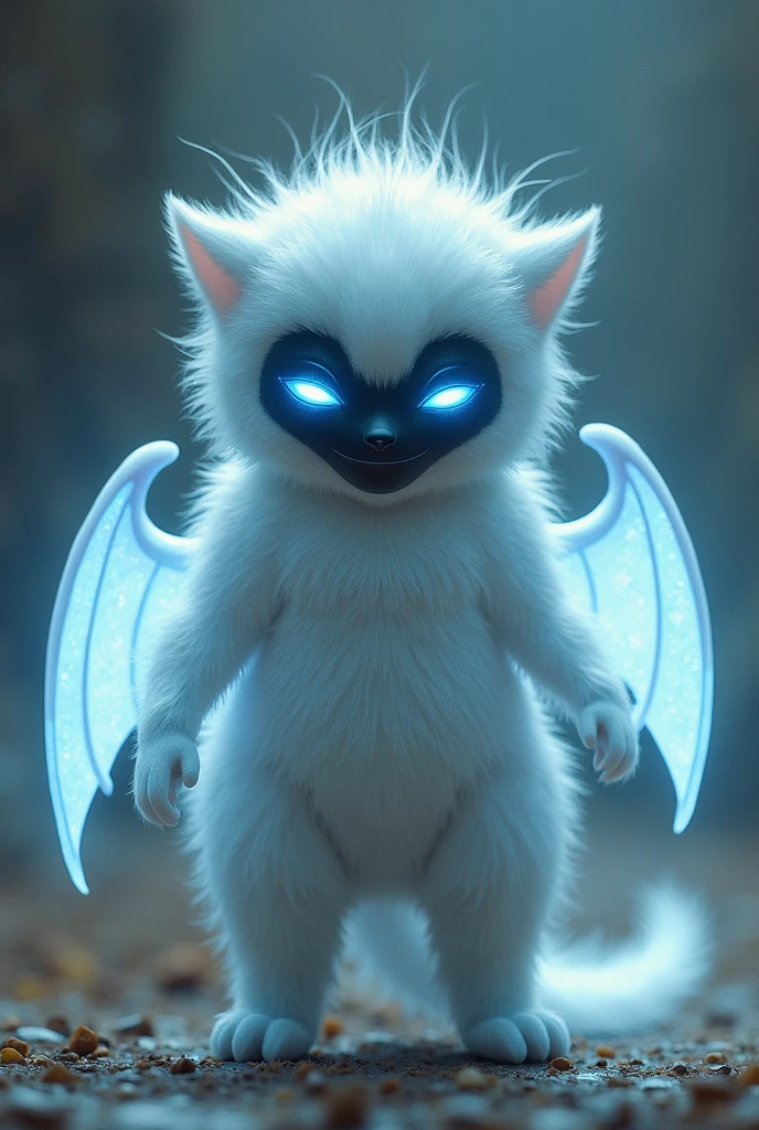 futuristic ghost like creature, pitch black undetailed face,blue slit eyes, no mouth, white furr and wings, full body picture ,smiling