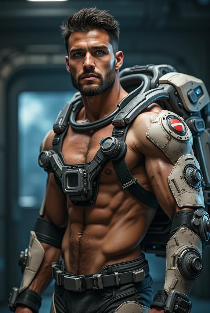 a muscular Brazilian man with beautiful detailed eyes, beautiful detailed big lips, extremely detailed face, blue eyes,chiseled abs, hairy chest, short black hair, wearing a space suit, spaceship background , dramatic lighting, photorealistic, ultra-detailed, 8k, best quality, masterpiece