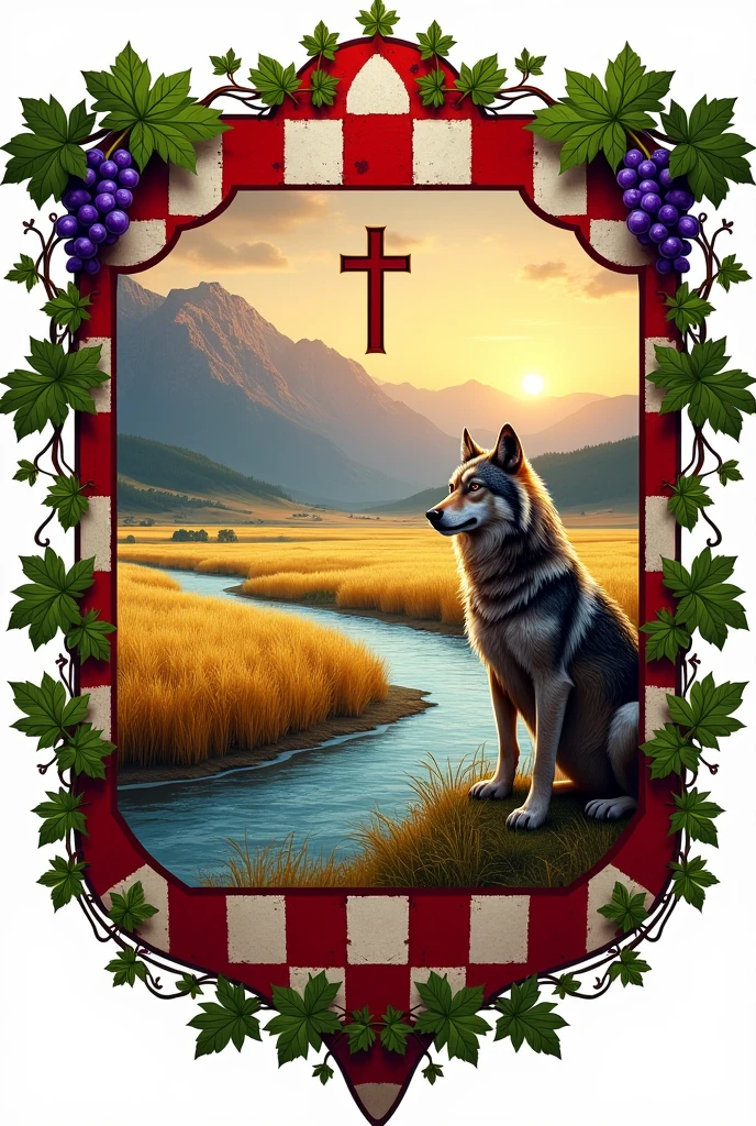 Make coat of arms of village. Make wide river with flat wheat field around, mountain in background and wolf who is gard. Design it with cross. It is sunset. Add frame of leafs and grapes. Design it with checkerboard red and white