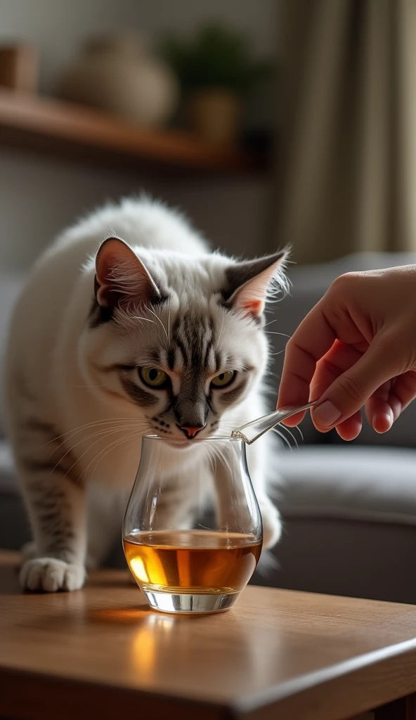 A cat sniffing at a glass of alcohol in a living room. The owner is depicted quickly pulling the glass away, underlining the concern for the cat’s health.