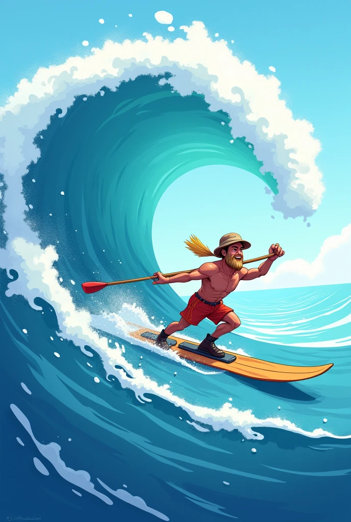 man skiing in the sea with oars on a wave in cartoon style 