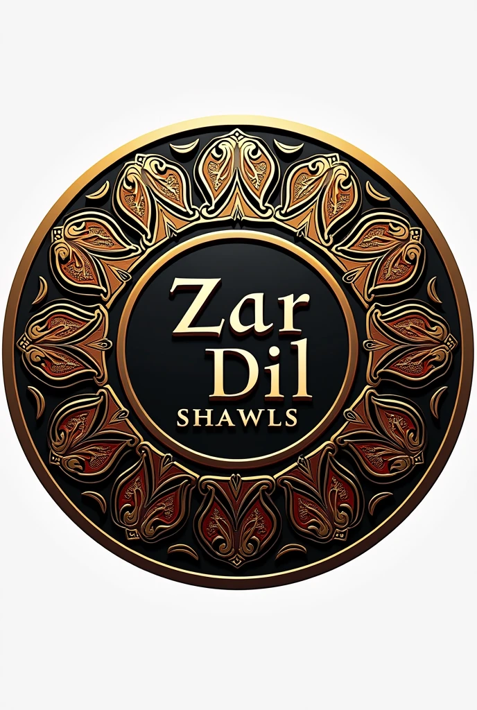"Design a circular logo for 'Zar Dil Shawls' using a traditional paisley pattern in a beautiful gold color, symbolizing luxury. Add the brand name to a combination of elegant calligraphy and modern serif fonts, and use hints of deep red for emotion. Use black or dark gray for clear and striking text. Keep the logo simple yet detailed, with a metallic sheen on the gold elements and a transparent background so it can be easily placed on different materials."
