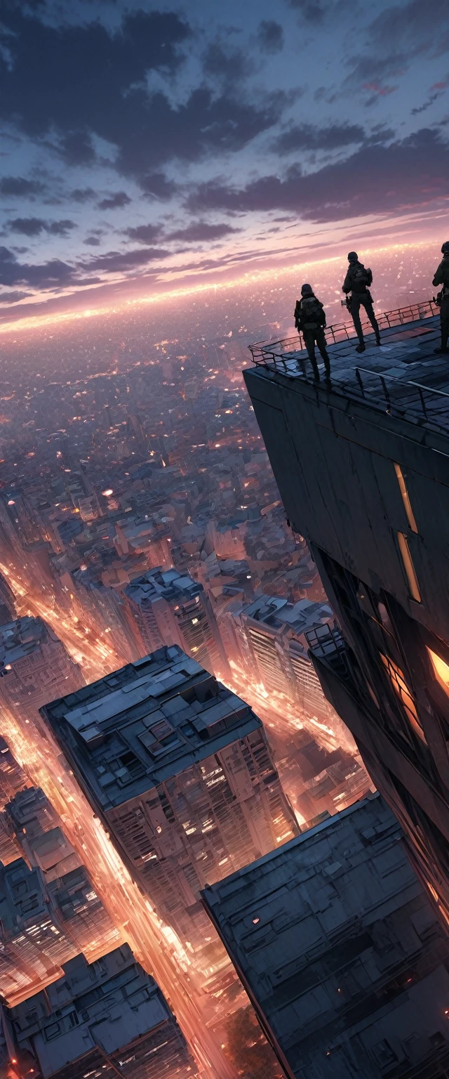 ((masterpiece, Highest quality, High resolution)), ((Highly detailed CG integrated 8K wallpaper)), Standing on top of a skyscraper女性の後ろ姿, Special forces await the signal to charge in., Standing on top of a skyscraper, Standing on the roof, Standing on the roof, Overlooking the modern city, Walk over a small city, Sitting on top of a skyscraper, mirror's edge in russia, Urban rooftops, 